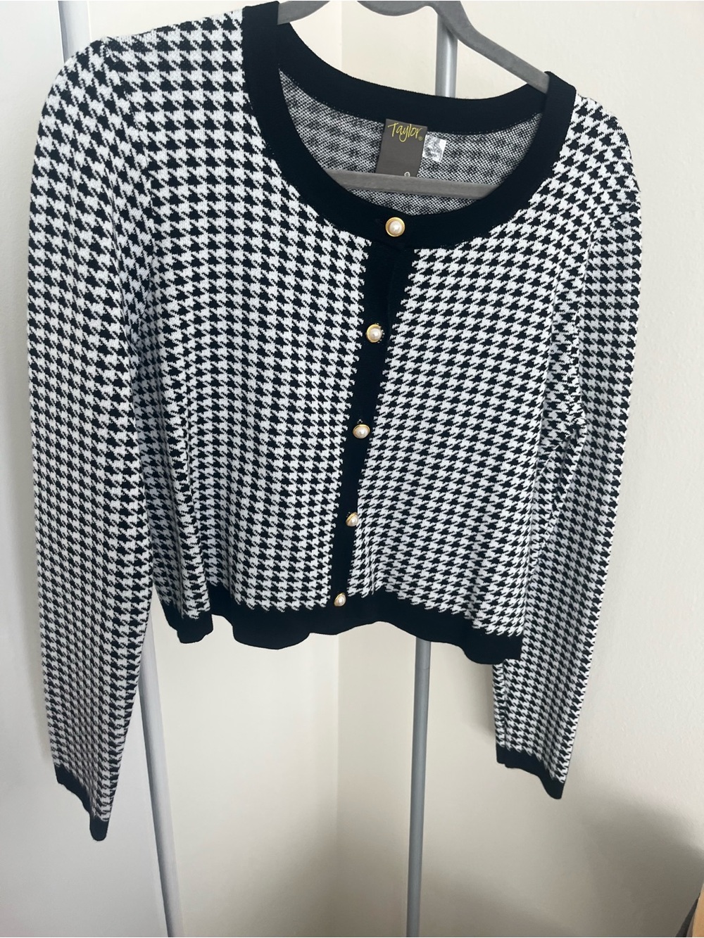 Black & White Houndstooth Button Cardigan Sweater